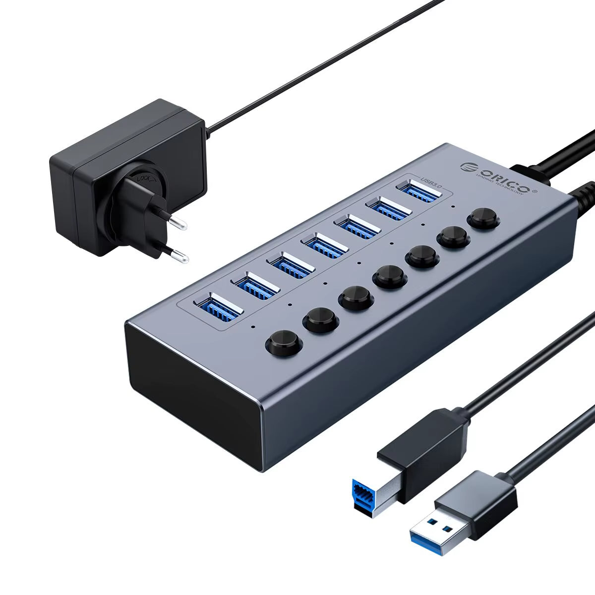 USB3.0 Hub Aluminum Industrial 7-Port Splitter Split Switch with 12V Power Adapter for Macbook Mobile Phone Tablets