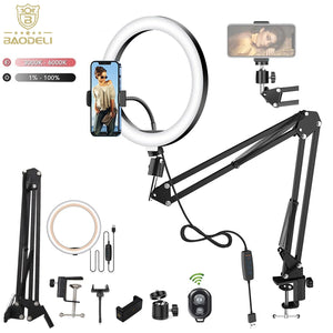 LED Selfie Ring Light Phone Stand with Folding Arm Circle Fill Light Dimmable Tripod Photography Ringlight for Youtobe Streaming
