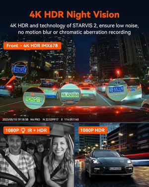 N4 Pro 4K 3 Channel Dash Cam 5G Wifi GPS, STARVIS 2, 4K+1080P+1080P Front and Rear inside Triple Car Camera 3CH HDR, Night Vision, Voice Control, 24/7 Buffered Parking Mode, Support 512GB