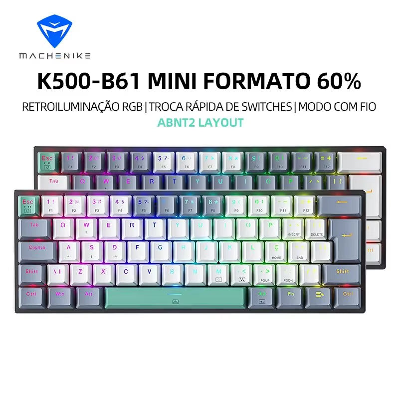 Machenike K500-B61 Mini Mechanical Keyboard 60% ABNT2 Layout RGB Backlight Hot-Swappable NKRO Wired Gaming Keyboard for PC Gamer