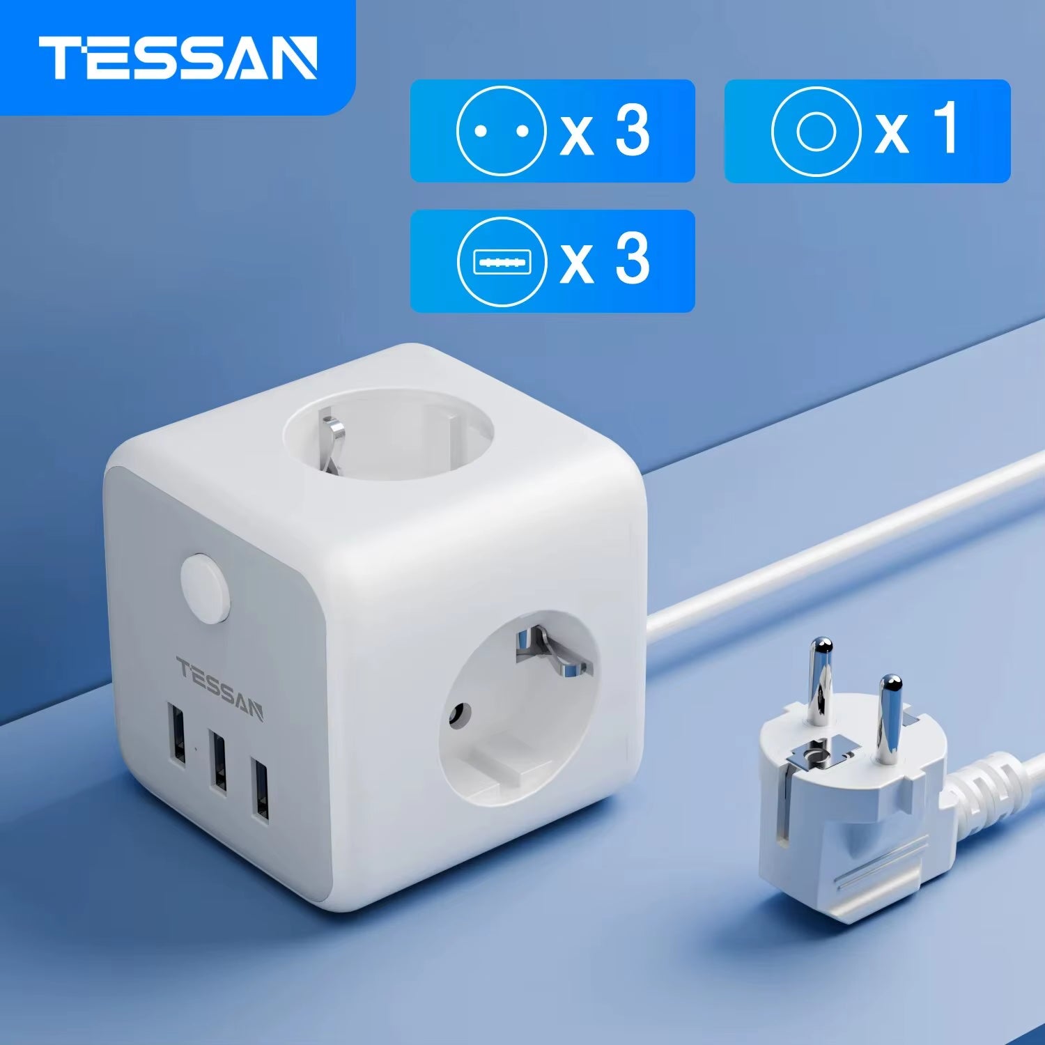 USB Power Strip Cube with 3 AC Outlets 3 USB Ports 1.5M Extension Cable Multi Socket Power Adapter with Switch for Home