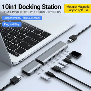 USB-C Docking Station 10 in 1 Magnetic Hub with Dual Monitor +USB 3.0+Type-C 3.0+SD/TF Reader+Pd 100W Charging for Mac Pro DELL
