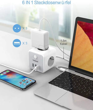 USB Power Strip Cube with 3 AC Outlets 3 USB Ports 1.5M Extension Cable Multi Socket Power Adapter with Switch for Home