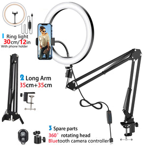 LED Selfie Ring Light Phone Stand with Folding Arm Circle Fill Light Dimmable Tripod Photography Ringlight for Youtobe Streaming