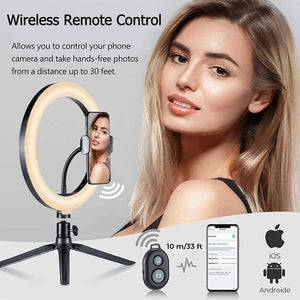 LED Selfie Ring Light Phone Stand with Folding Arm Circle Fill Light Dimmable Tripod Photography Ringlight for Youtobe Streaming