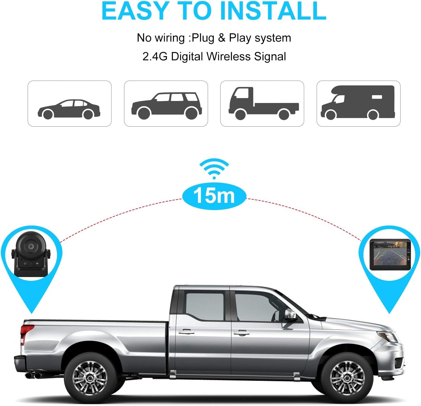 Wireless Reversing Camera Kit, 3.5'' LCD Monitor, IP68 Waterproof, Wide View Angle, Night Vision, Adjustable Reverse Camera for Cars, Trucks, Trailers, Rvs