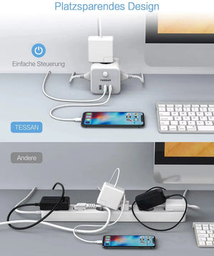 USB Power Strip Cube with 3 AC Outlets 3 USB Ports 1.5M Extension Cable Multi Socket Power Adapter with Switch for Home