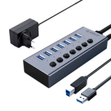 USB3.0 Hub Aluminum Industrial 7-Port Splitter Split Switch with 12V Power Adapter for Macbook Mobile Phone Tablets