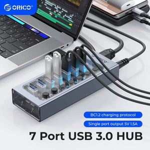 USB3.0 Hub Aluminum Industrial 7-Port Splitter Split Switch with 12V Power Adapter for Macbook Mobile Phone Tablets