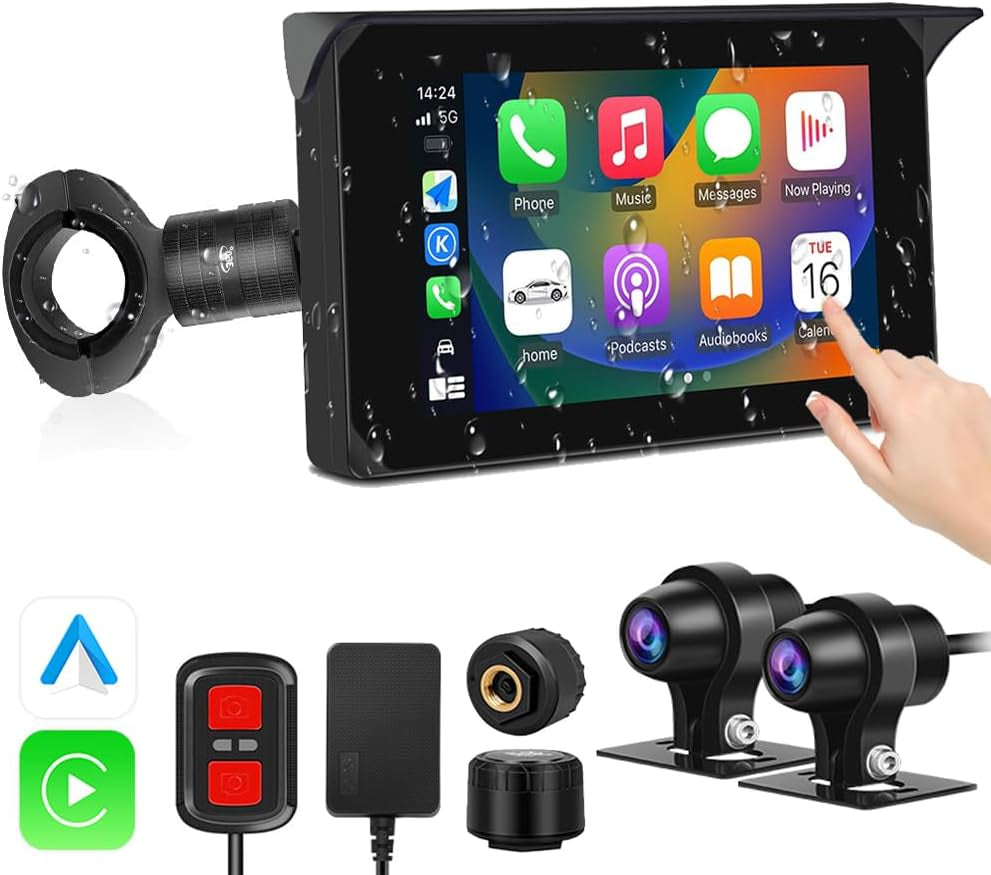 Motorcycle Carplay Screen, Wireless Carplay and Android Auto, GPS Navigation, Tire Pressure Sensors, Wifi 5 Inch Touchscreen HD 1080P Front and Rear Camera Motorcycle Dash Camera DVR (5Inch)