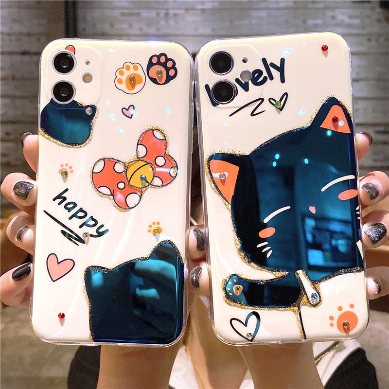 Compatible with Apple , Cartoon Wave Cat Mobile Phone Case Full Package Lens Lovely Soft Shell