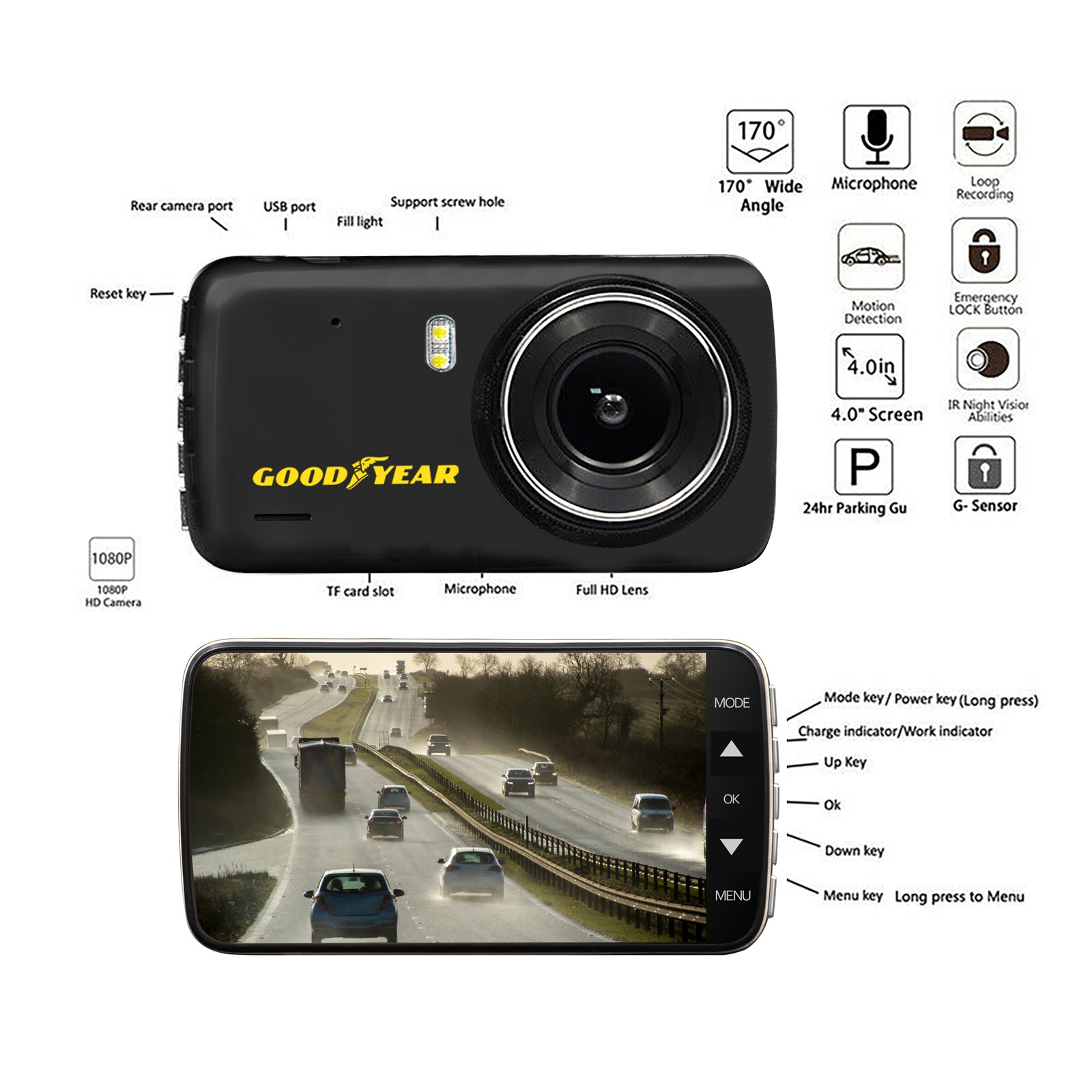 Goodyear 1080P Dual Lens Car DVR Front and Rear Camera Video Dash Cam Recorder