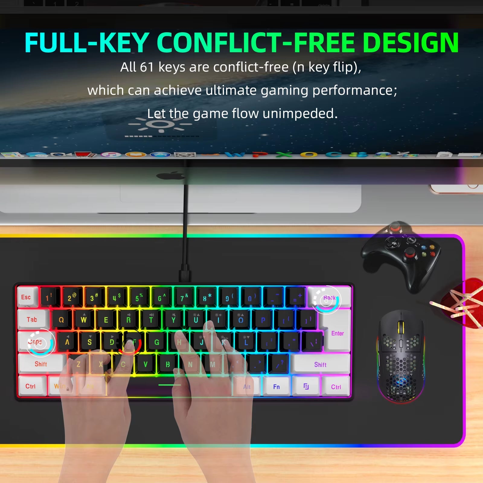 Mini 61-Key Gaming Keyboard with Membrane Keys, RGB Backlight, Compact and Waterproof Design, Ideal for Typing, Travel, Computer