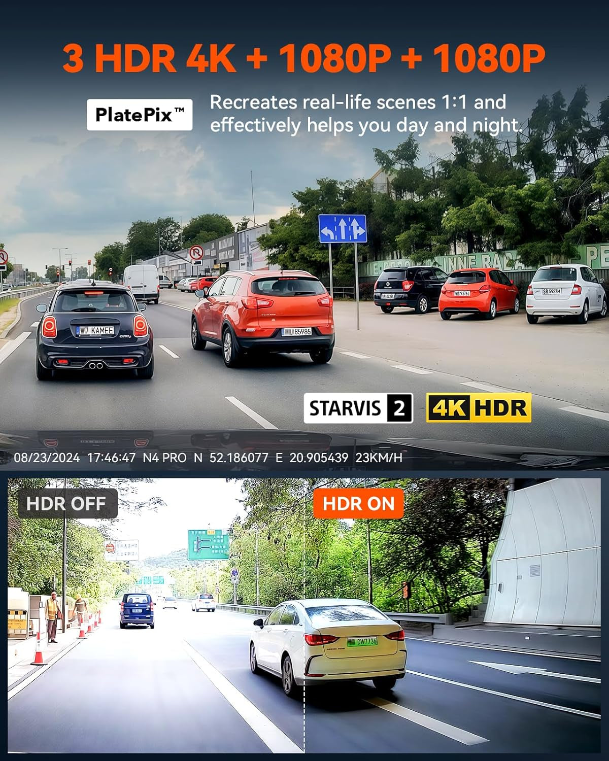 N4 Pro 4K 3 Channel Dash Cam 5G Wifi GPS, STARVIS 2, 4K+1080P+1080P Front and Rear inside Triple Car Camera 3CH HDR, Night Vision, Voice Control, 24/7 Buffered Parking Mode, Support 512GB