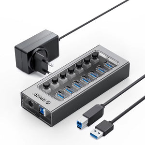 USB3.0 Hub Aluminum Industrial 7-Port Splitter Split Switch with 12V Power Adapter for Macbook Mobile Phone Tablets