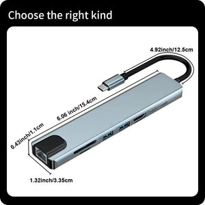 USB C Hub 8 in 1 Type C 3.1 to 4K HDMI Adapter with RJ45 SD/TF Card Reader PD Fast Charge for Macbook Notebook Laptop Computer