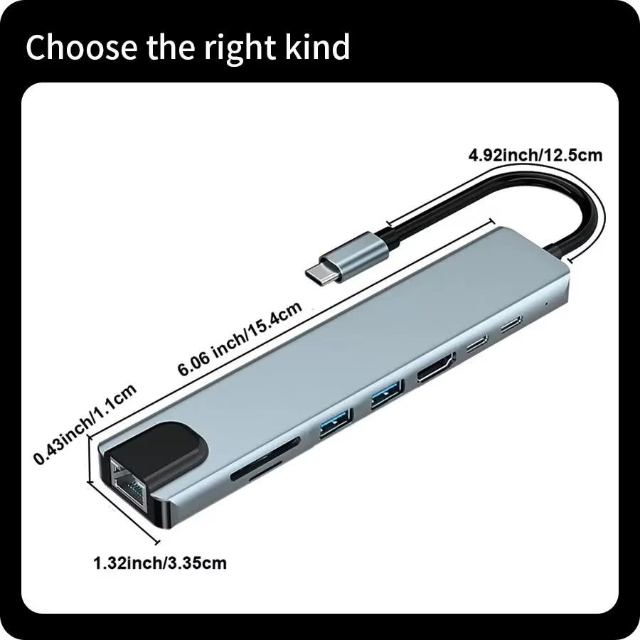 USB C Hub 8 in 1 Type C 3.1 to 4K HDMI Adapter with RJ45 SD/TF Card Reader PD Fast Charge for Macbook Notebook Laptop Computer