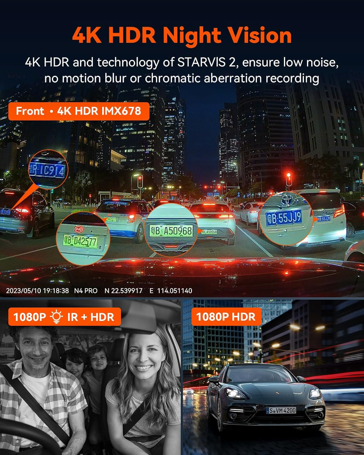 N4 Pro 4K 3 Channel Dash Cam 5G Wifi GPS, STARVIS 2, 4K+1080P+1080P Front and Rear inside Triple Car Camera 3CH HDR, Night Vision, Voice Control, 24/7 Buffered Parking Mode, Support 512GB