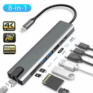 USB C Hub 8 in 1 Type C 3.1 to 4K HDMI Adapter with RJ45 SD/TF Card Reader PD Fast Charge for Macbook Notebook Laptop Computer