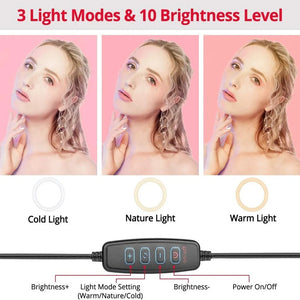 LED Selfie Ring Light Phone Stand with Folding Arm Circle Fill Light Dimmable Tripod Photography Ringlight for Youtobe Streaming