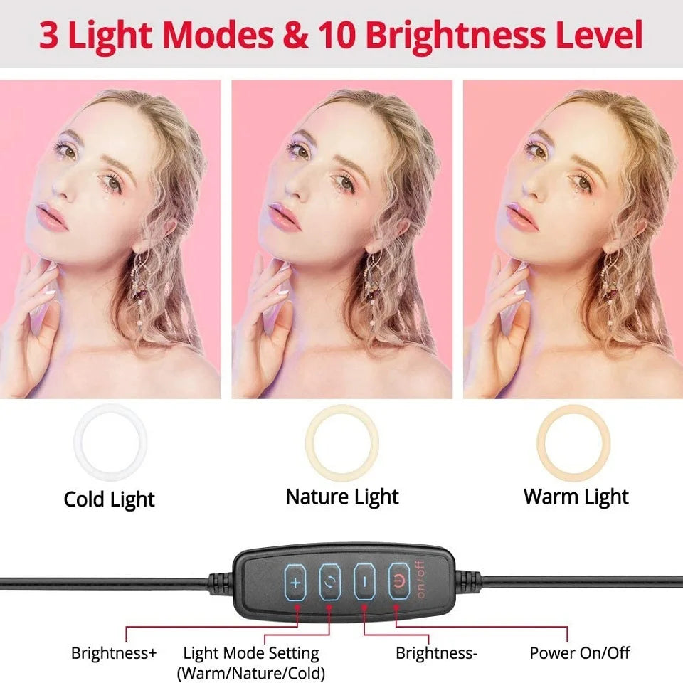 LED Selfie Ring Light Phone Stand with Folding Arm Circle Fill Light Dimmable Tripod Photography Ringlight for Youtobe Streaming