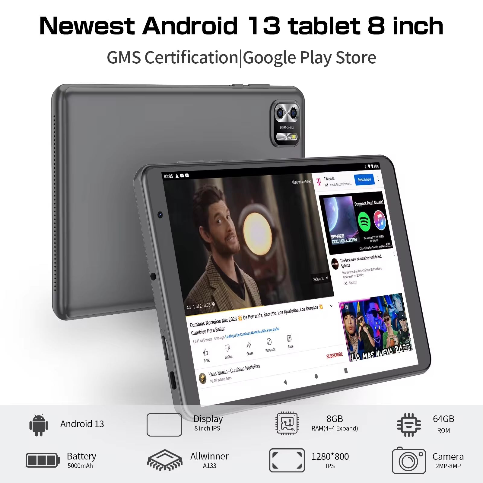 8 Inch Tablet Android 14, 8GB(4+4 Expand) RAM 64GB ROM,1TB Expand,1280X800 IPS Screen 5000MAH Battery,Dual Camera, Wifi