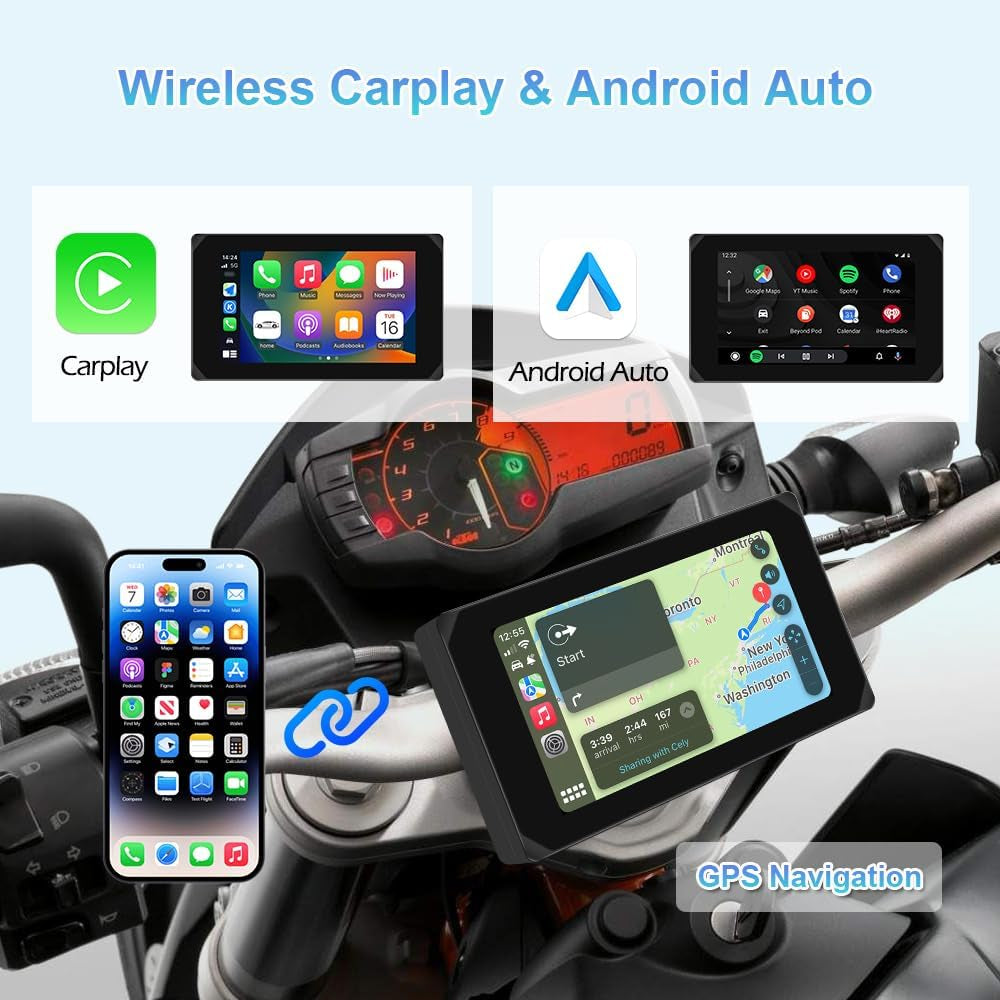 Motorcycle Carplay Screen, Wireless Carplay and Android Auto, GPS Navigation, Tire Pressure Sensors, Wifi 5 Inch Touchscreen HD 1080P Front and Rear Camera Motorcycle Dash Camera DVR (5Inch)