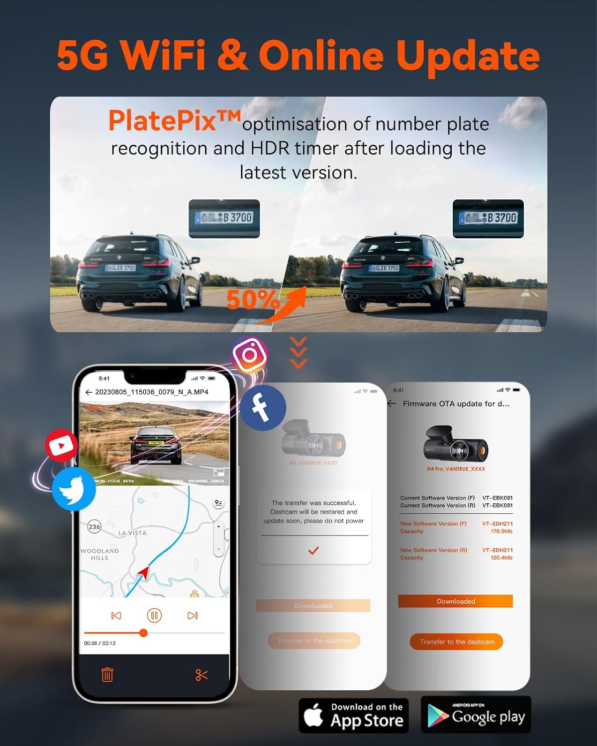 N4 Pro 4K 3 Channel Dash Cam 5G Wifi GPS, STARVIS 2, 4K+1080P+1080P Front and Rear inside Triple Car Camera 3CH HDR, Night Vision, Voice Control, 24/7 Buffered Parking Mode, Support 512GB