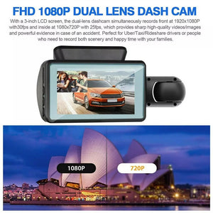 1080P Dual Lens Car Dash Cam Recorder G Sensor DVR Front and Rear Camera Video