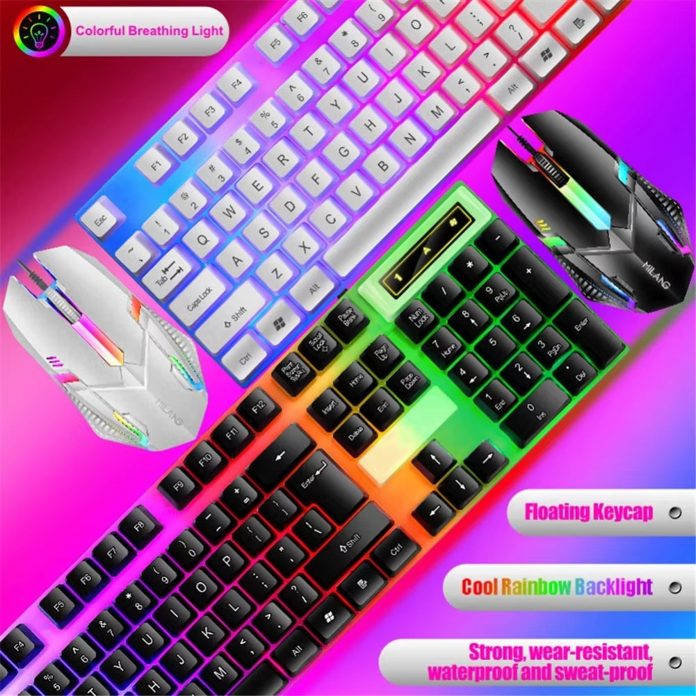 Rainbow Backlit Wired Keyboard and Mouse,Floating Keycap Strong, Wear-Resistant, Comfortable Feel Keyboard for Business Office