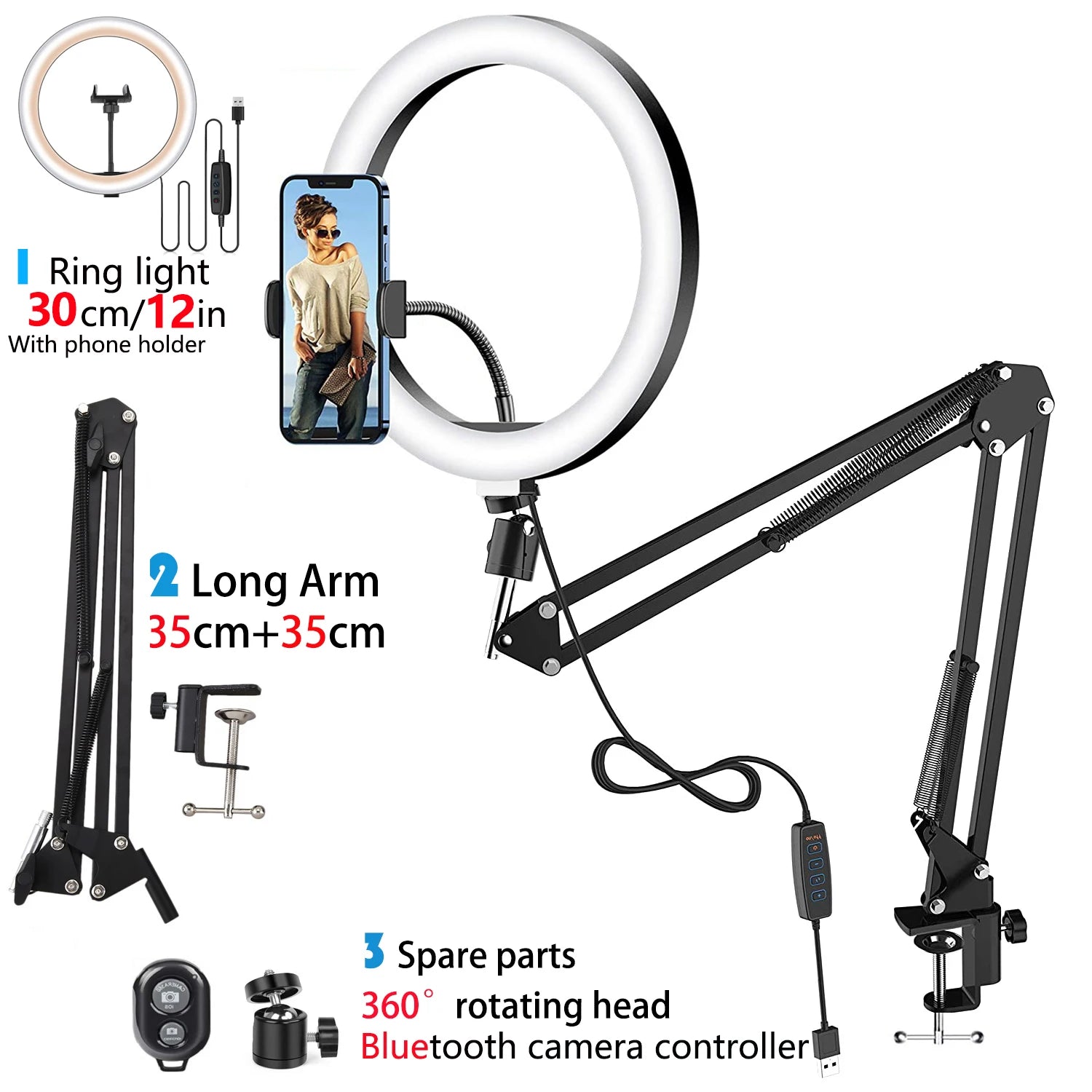 LED Selfie Ring Light Phone Stand with Folding Arm Circle Fill Light Dimmable Tripod Photography Ringlight for Youtobe Streaming