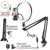 LED Selfie Ring Light Phone Stand with Folding Arm Circle Fill Light Dimmable Tripod Photography Ringlight for Youtobe Streaming