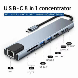 Usb 8 in 1 Type C 3 1 to 4K Hdtv Hub Adapter with Sd Tf Rj45 Card Reader Pd Fast Charge for Macbook Notebook Computer