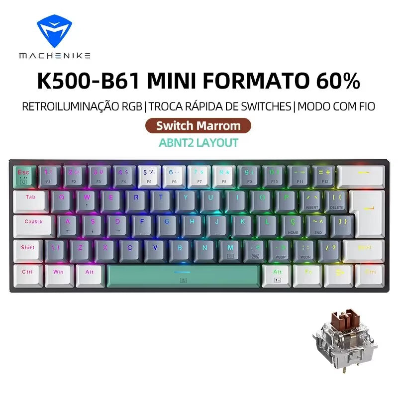Machenike K500-B61 Mini Mechanical Keyboard 60% ABNT2 Layout RGB Backlight Hot-Swappable NKRO Wired Gaming Keyboard for PC Gamer