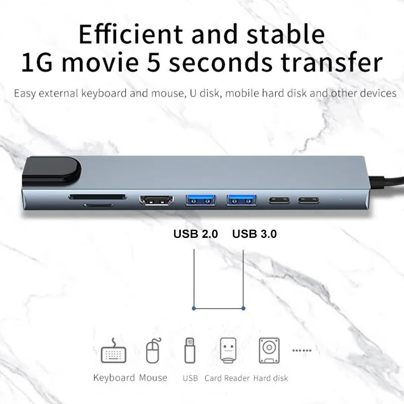 Usb 8 in 1 Type C 3 1 to 4K Hdtv Hub Adapter with Sd Tf Rj45 Card Reader Pd Fast Charge for Macbook Notebook Computer