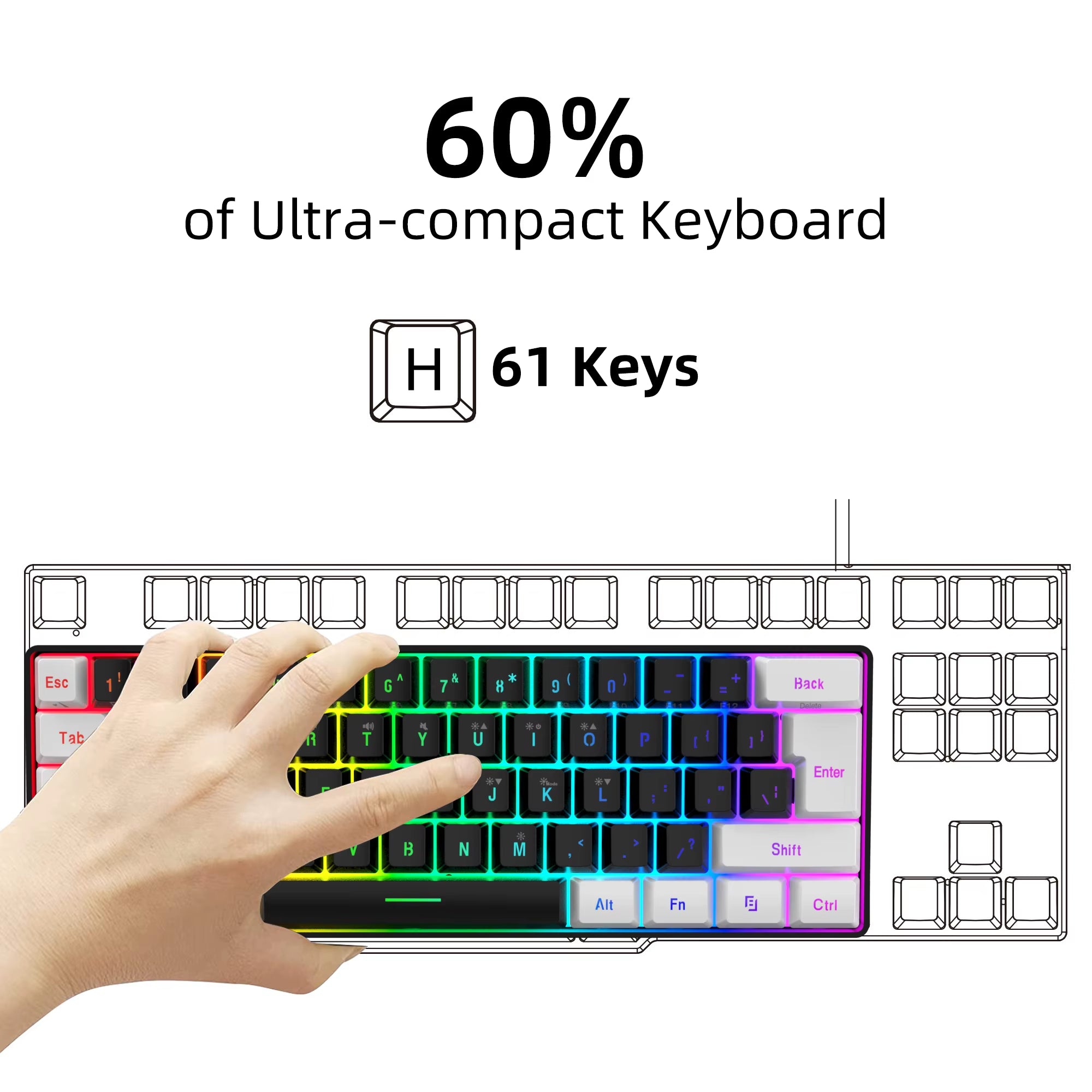 Mini 61-Key Gaming Keyboard with Membrane Keys, RGB Backlight, Compact and Waterproof Design, Ideal for Typing, Travel, Computer