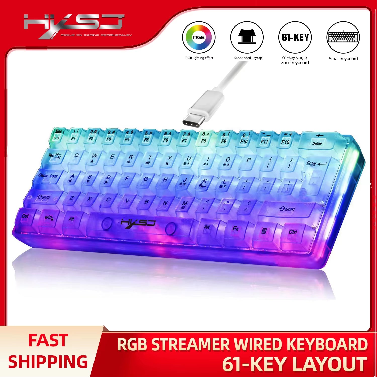 60% Wired Transparent Gaming Keyboard, RGB Backlit Ultra-Compact Waterproof Small Compact 61 Keys Keyboard for Pc/Mac