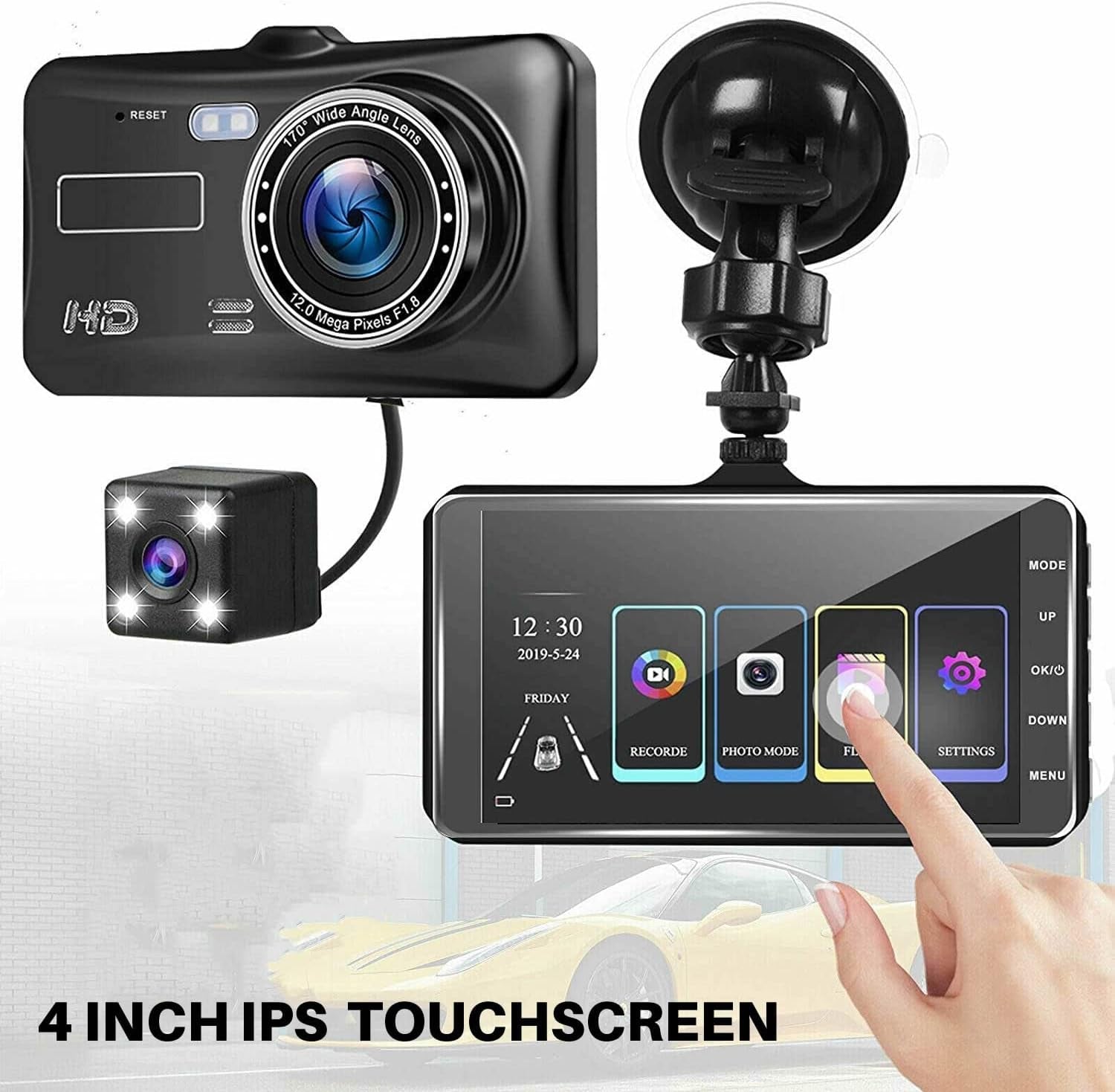 Dash Cam Front and Rear 1080P Full HD Dual Dash Camera in Car Camera Dashboard Camera Dashcam for Cars 170 Wide Angle HDR with 4.0" Touchscreen LCD Display Night Vision Motion Detection and G-Sensor