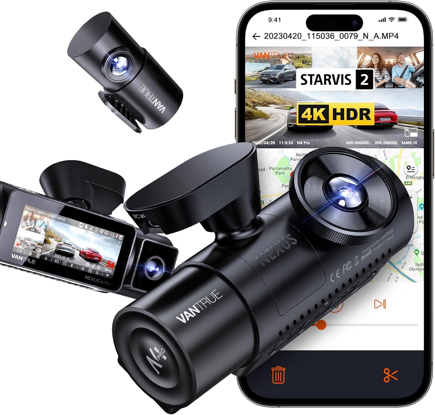 N4 Pro 4K 3 Channel Dash Cam 5G Wifi GPS, STARVIS 2, 4K+1080P+1080P Front and Rear inside Triple Car Camera 3CH HDR, Night Vision, Voice Control, 24/7 Buffered Parking Mode, Support 512GB