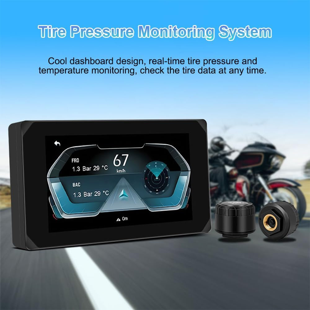 Motorcycle Carplay Screen, Wireless Carplay and Android Auto, GPS Navigation, Tire Pressure Sensors, Wifi 5 Inch Touchscreen HD 1080P Front and Rear Camera Motorcycle Dash Camera DVR (5Inch)