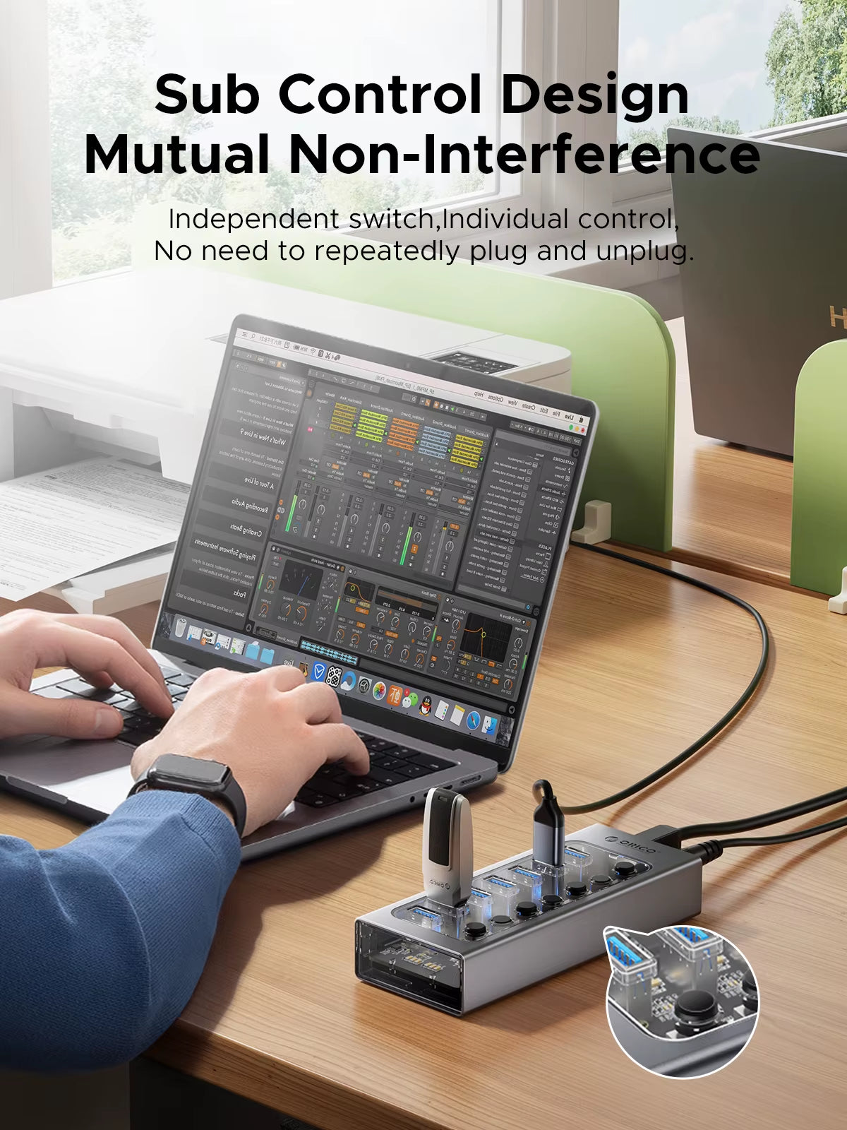 USB3.0 Hub Aluminum Industrial 7-Port Splitter Split Switch with 12V Power Adapter for Macbook Mobile Phone Tablets