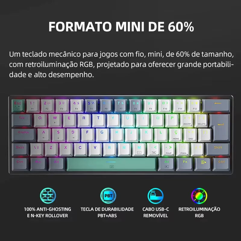 Machenike K500-B61 Mini Mechanical Keyboard 60% ABNT2 Layout RGB Backlight Hot-Swappable NKRO Wired Gaming Keyboard for PC Gamer