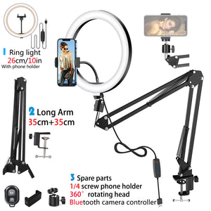 LED Selfie Ring Light Phone Stand with Folding Arm Circle Fill Light Dimmable Tripod Photography Ringlight for Youtobe Streaming