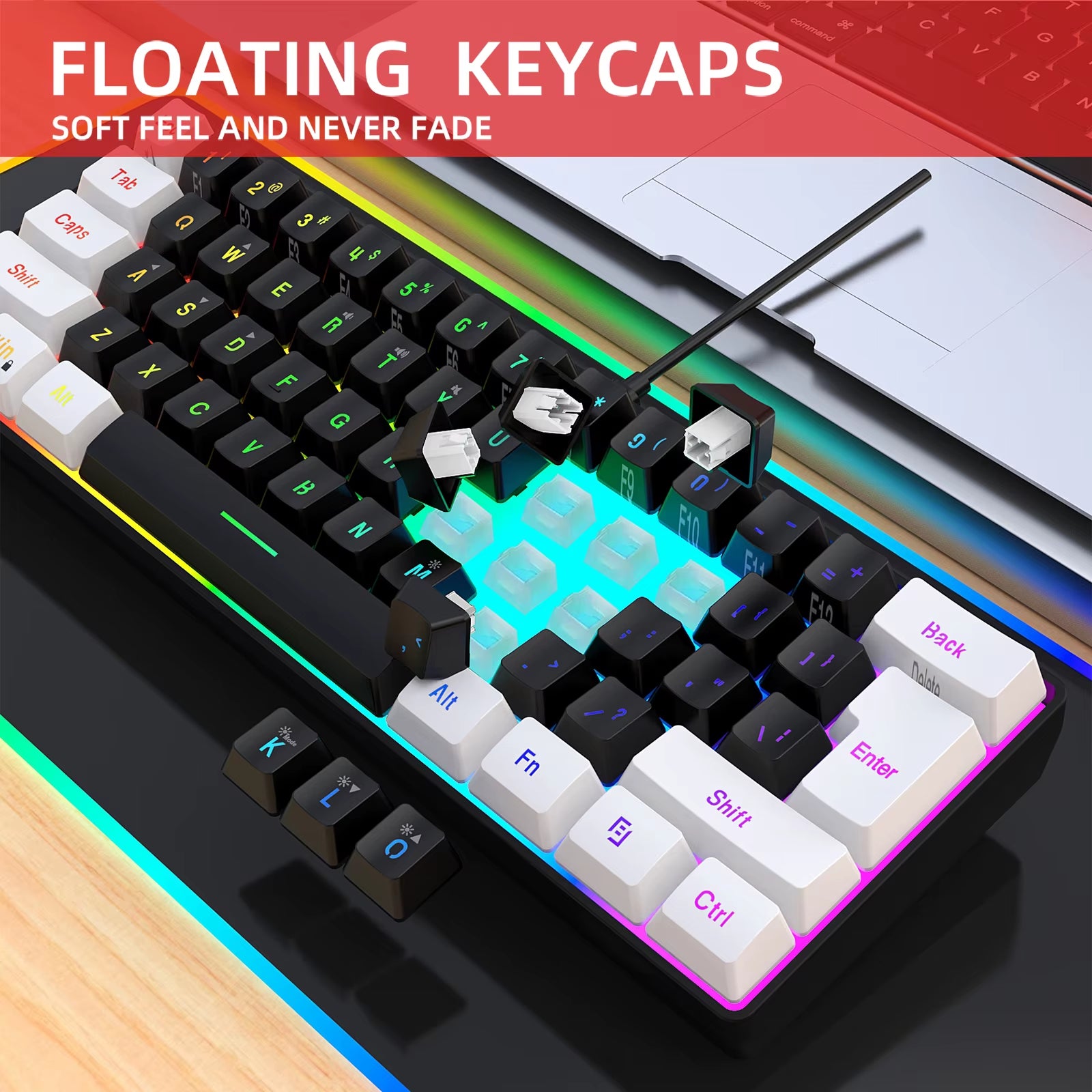 Mini 61-Key Gaming Keyboard with Membrane Keys, RGB Backlight, Compact and Waterproof Design, Ideal for Typing, Travel, Computer