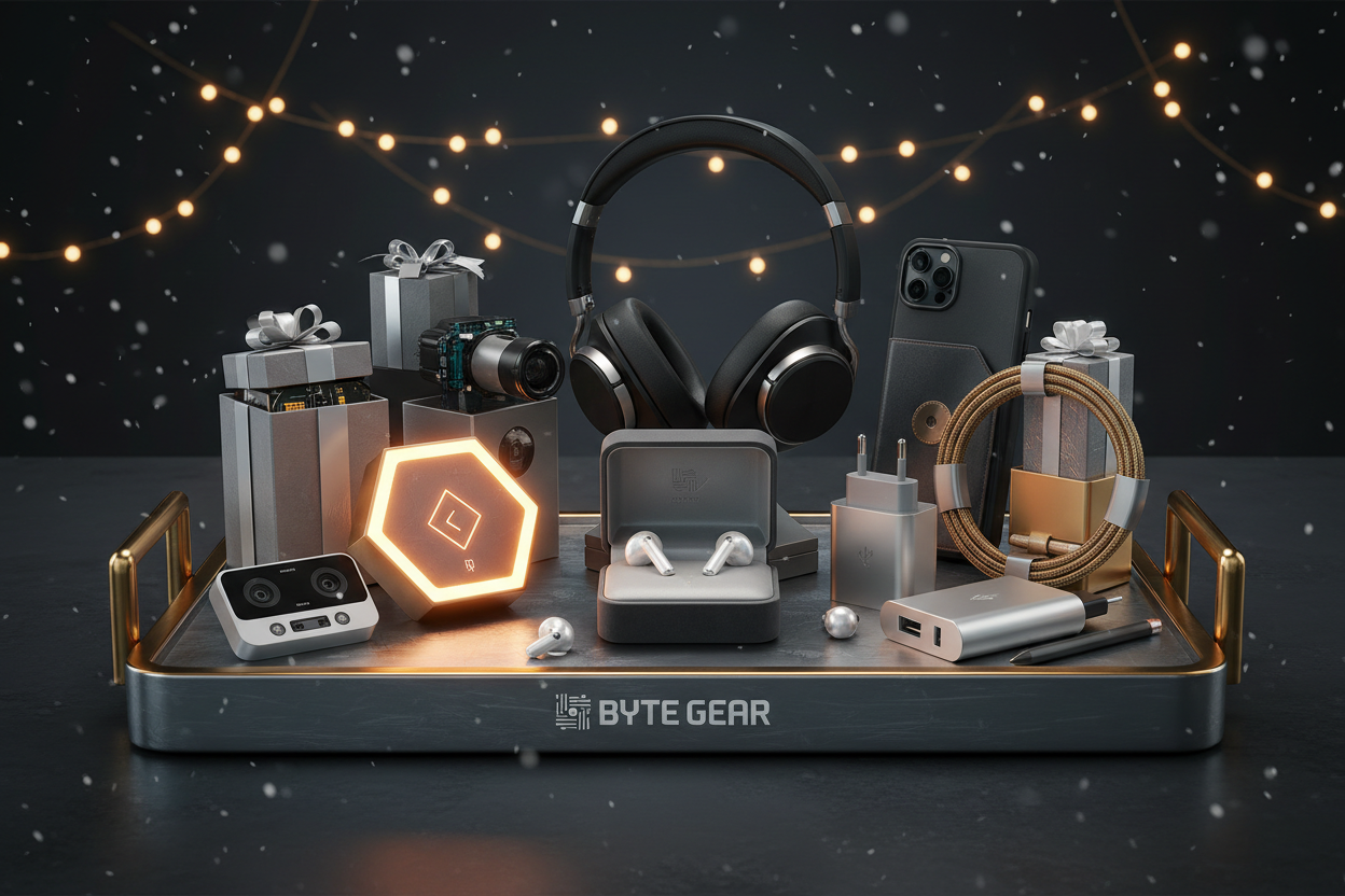 Skip to content
Chat history




You said:
Create a high-quality, photorealistic promotional image for a UK-based electronics e-commerce Shopify store during the Christmas season.

Display modern consumer electronics such as wireless earbuds, headphones, smart gadgets, phone accessories, chargers, and tech gift items arranged in a premium holiday gift layout.

Scene style: clean, modern, and festive with a winter atmosphere. Use a dark or neutral background enhanced with warm Christmas lighting, soft fairy 